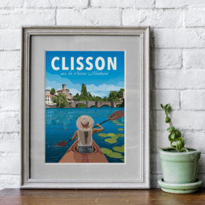 illustration clisson canoe kayak sevre nantaise souvenir loire atlantique affiche poster