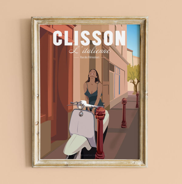 illustration clisson italienne vespa rue des remouleurs souvenir loire atlantique affiche poster