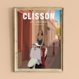 illustration clisson italienne vespa rue des remouleurs souvenir loire atlantique affiche poster