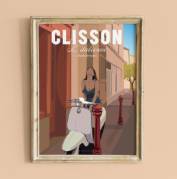illustration clisson italienne vespa rue des remouleurs souvenir loire atlantique affiche poster